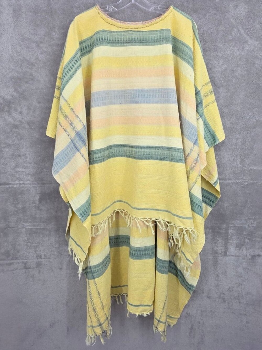 Artisan Made Southwestern Tribal Style Poncho Yellow Striped Boho Fringe Thick